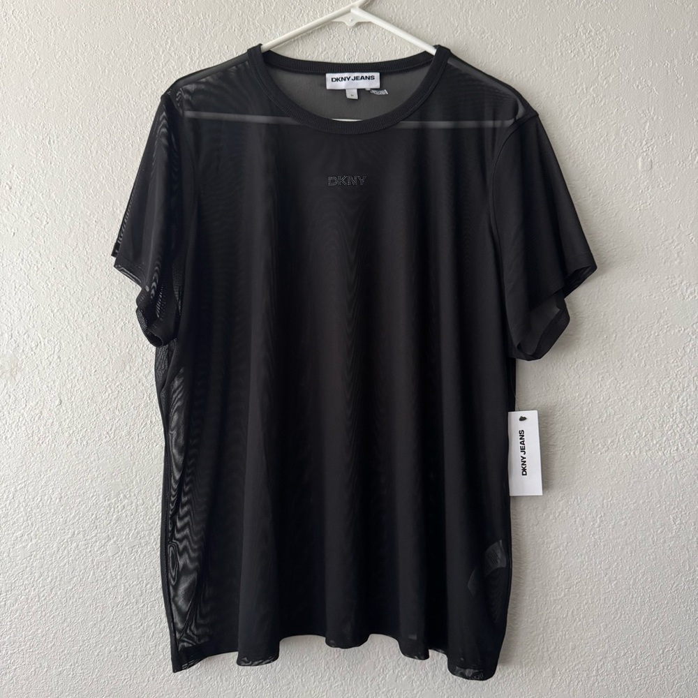 DKNY Jeans Mesh Shirt Women’s 2X Black Rhinestone Logo Short Sleeve DJRX1145 NEW